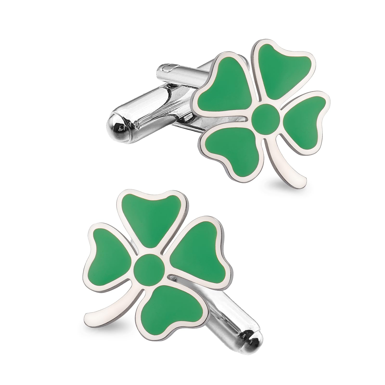 Gemelli da uomo a forma di quadrifoglio, in acciaio inox, con trifoglio verde, trifoglio, irlandese, irlandese, portafortuna, gemelli per camicie da matrimonio