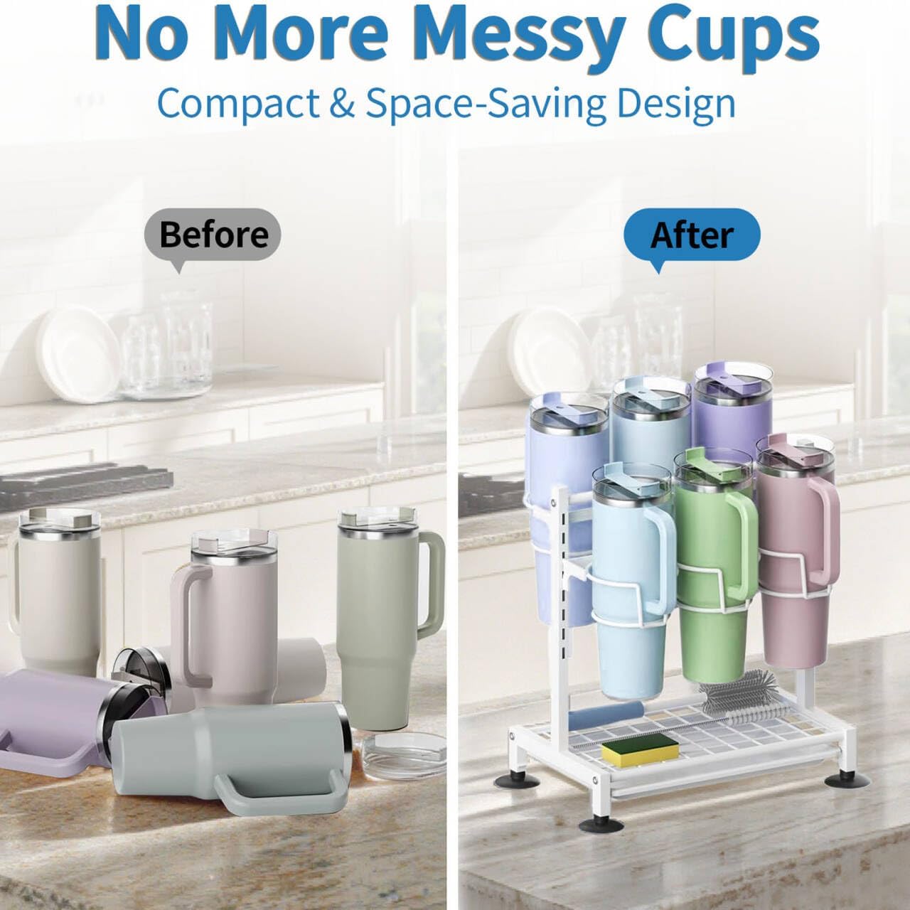 Stanley Cup Holder Organizer & Drying Rack for 40oz/30oz Tumblers -2-in-1 Heavy Duty Countertop Storage with Non-Slip Base & Handle Slots, Includes Straw Cleaner Brush - Image 7