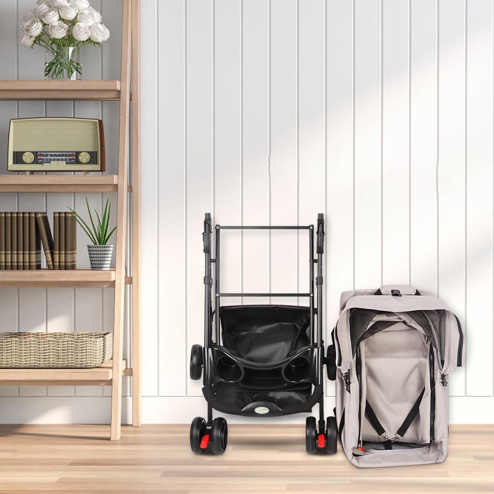 Passeggino per cani 3 in 1,Passeggino pieghevole animali,4 ruote,Carrello per il trasporto con maniglia rimovibile,Cuscino,Tenda regolabile,Tessuto Oxford,Navicella rimovibile