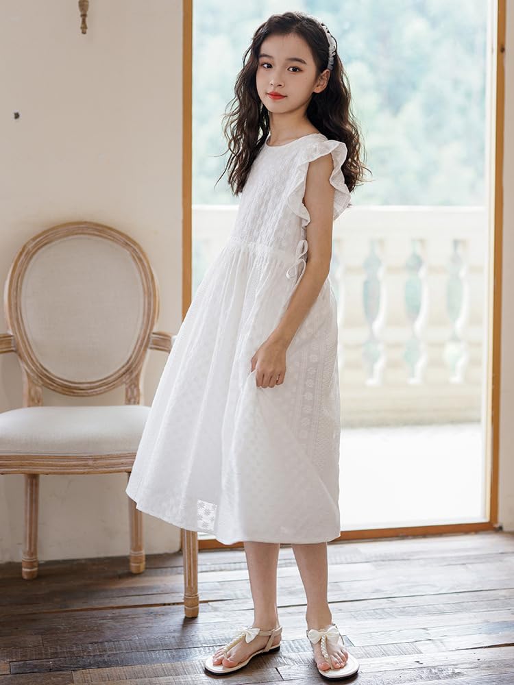 Sukienki dla dziewczynek Letnia bawełniana sukienka na imprezę Linia Midi Casual Dress z wycięciem pod szyją dla dziewczynek w wieku 4-16 lat