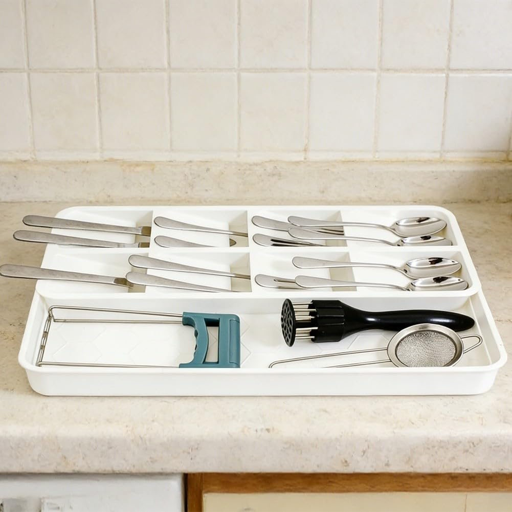 Organizador de cajones para utensilios de cocina, organizador de cubiertos de cocina extraíble, caja de almacenamiento para utensilios, soporte multiusos, diseño de ahorro para tenedores, cucharas