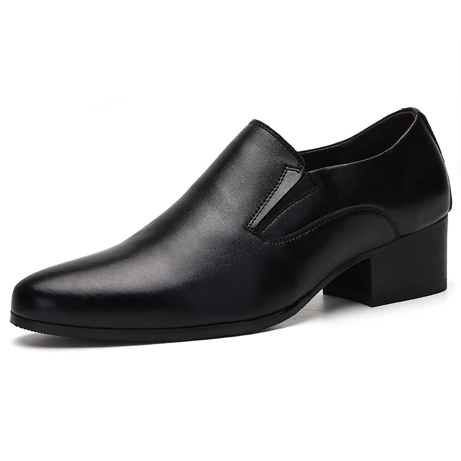 Chaussures habillées for hommes, en cuir, rehaussées de 7,6 cm (3 pouces), à enfiler, bout pointu et talon compensé, idéales for les affaires, les mariages et les occasions formelles.