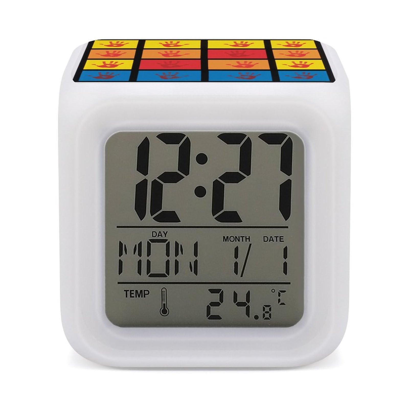 FodPand 7 Color Ambient Night Light Cube Battery Operated Handprints Digital Clock with Snooze Temperature LED Digital Alarm Clocks Dimmable Wake Up Light Portable Mood Lamp for Bedroom Desk Gift