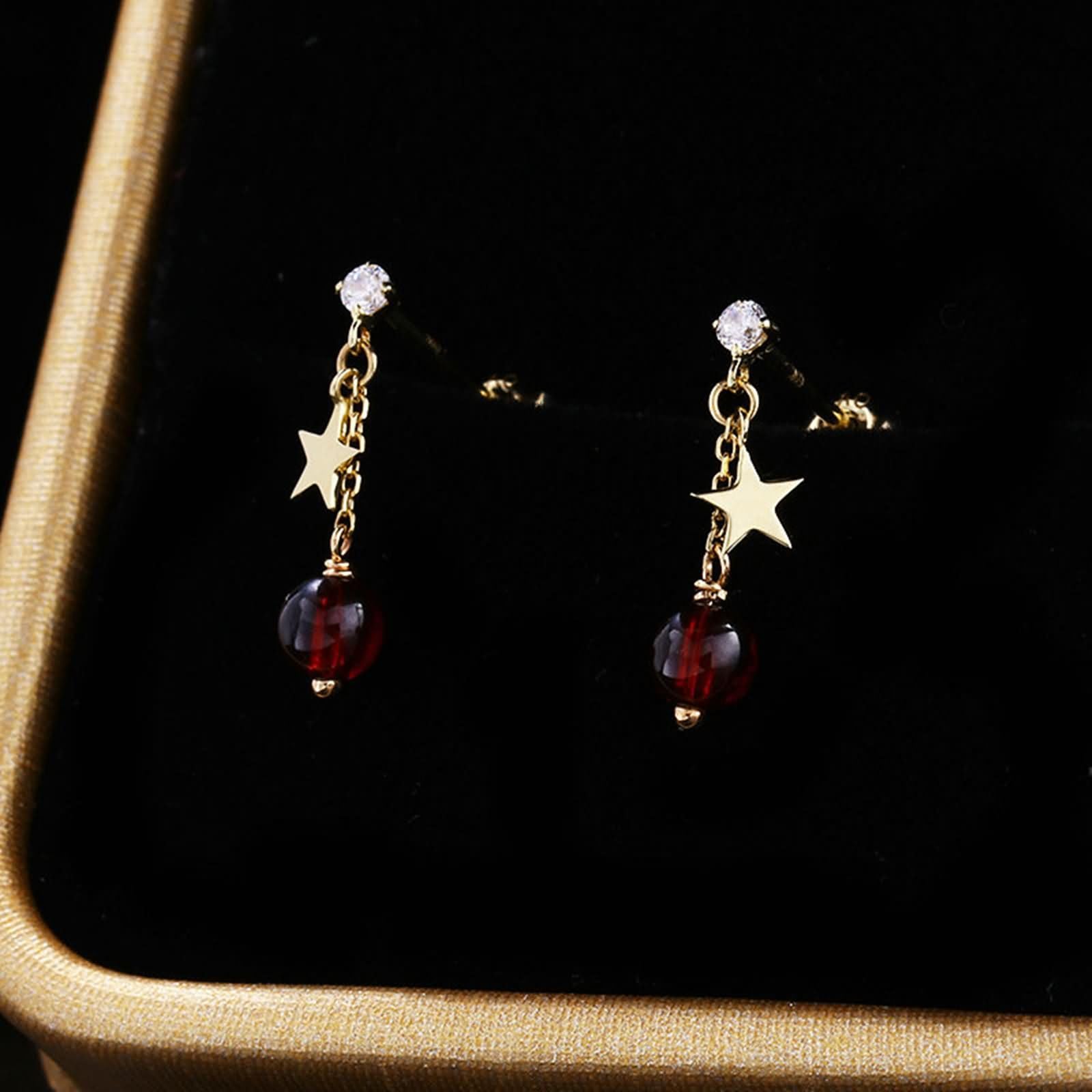 Damenohrringe Gelbgold 375/585 / 750, Stern mit Granat und Moissanit, Schmuck Frauen Ohrringe Rot Gold