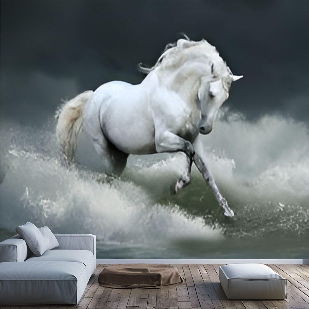 Canvas Peel and Stick Wallpaper White Stallion Runs Waves sea Wall Stickers Murals 3D Self Adhesive Wall Paper for Bedroom Living Room Kids Room Wall Decor