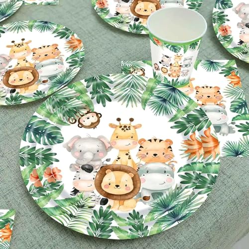 Dschungel Safari Partygeschirr Set,Tier-Geburtstagparty Geschirr für 20 Gäste,Dschungel Geburtstag Dekoration Partygeschirr mit Grun Tiere Papier Teller Tassen Servietten,für Junge Mädchen Baby Shower
