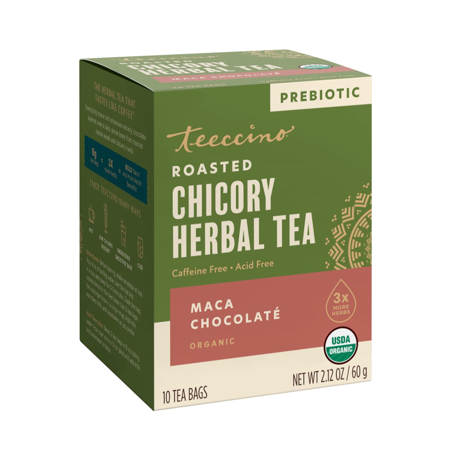 Teeccino Maca Chocolaté Herbal Tea - 10 Tea Bags - Rich & Roasted