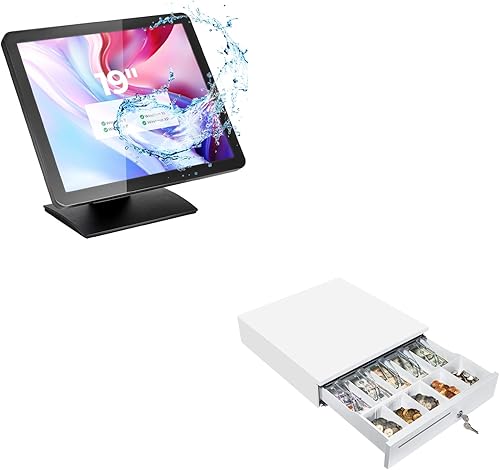 MUNBYN Monitor de pantalla táctil POS de 19 pulgadas, sistemas POS-para pequeñas empresas y cajón de efectivo blanco, caja registradora resistente