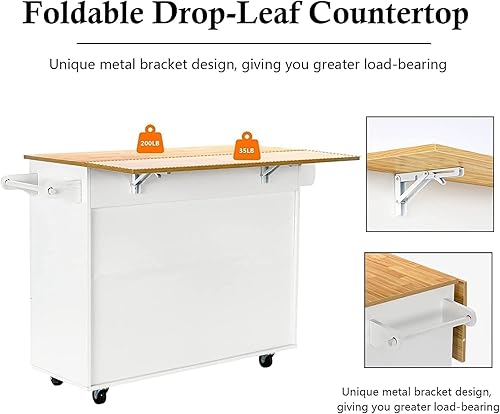 Miniatura 3 de 4 EVER WINNER Isla de cocina con hojas caídas y 3 cajones, isla de cocina grande de 51 pulgadas con almacenamiento, estante de especias y toallero,