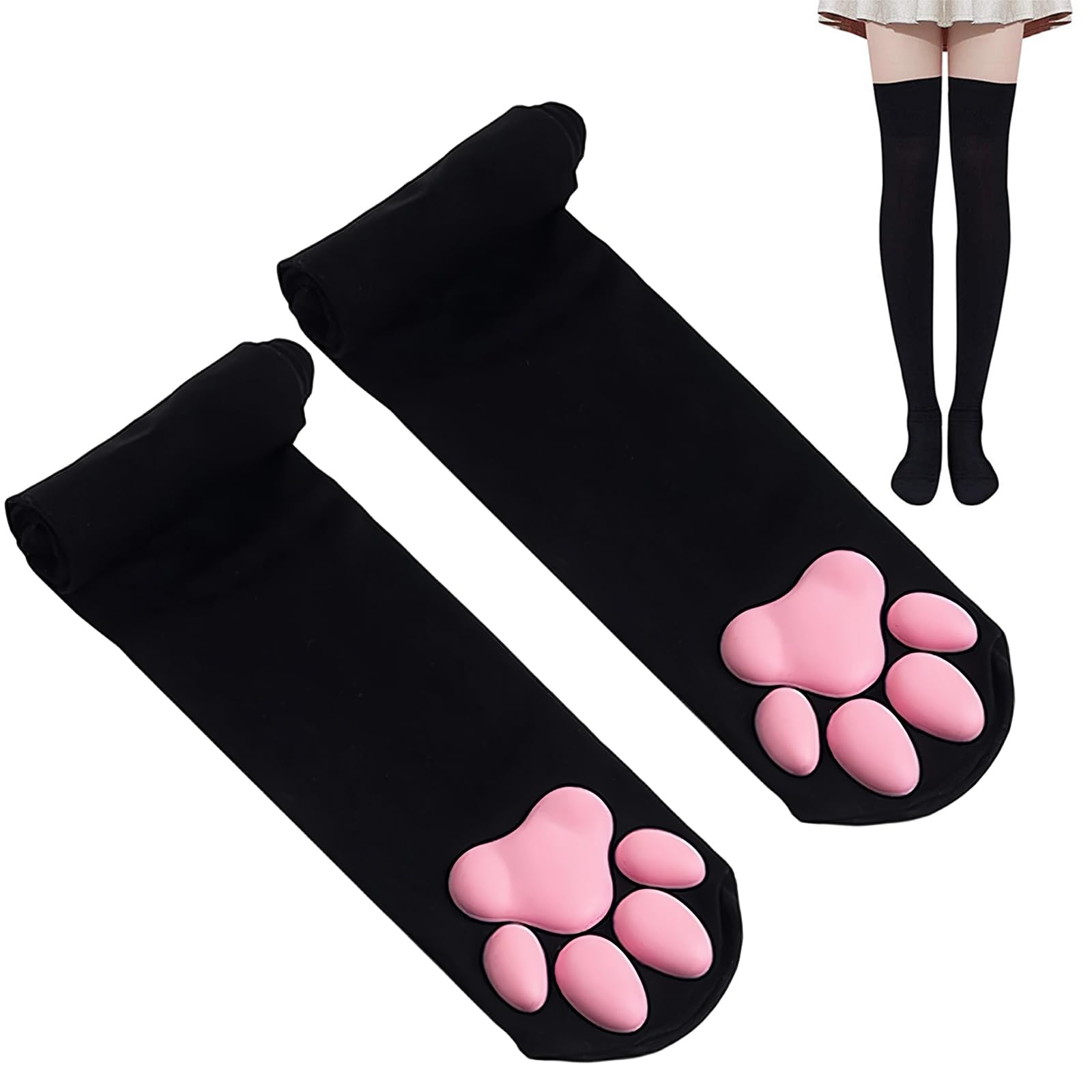 Nzvqh Unisex Black 1 Pair Cat Paw Thigh High Socks, Cute Over Knee Sock For Women, Ladies Over-The-Knee Socks, 3D Silicone Paws, For Cosplay, Halloween Parties, 50Cm