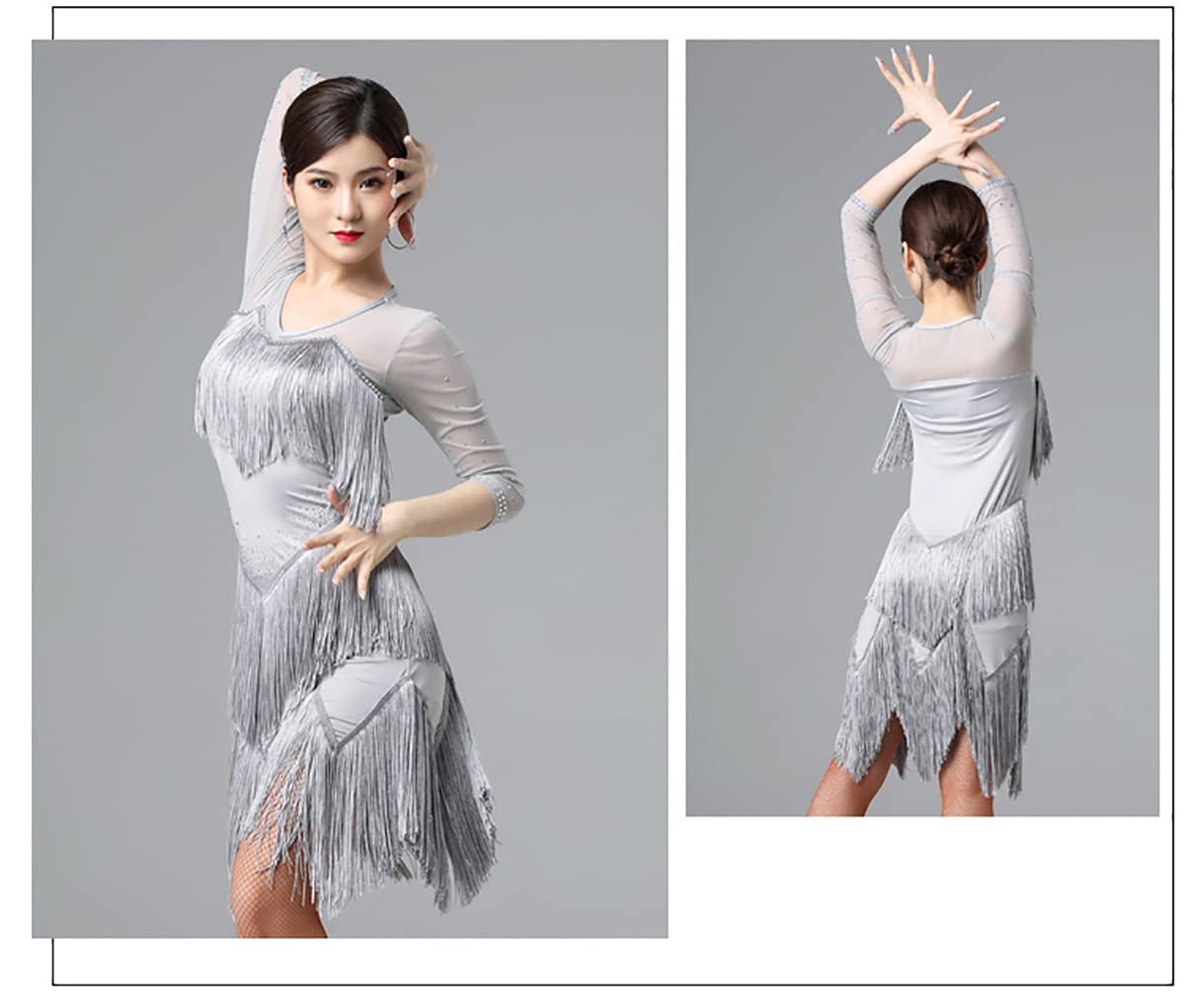 Abiti da Ballo Latino con Frange Donne con Scollo A V Manica A 3/4 Abito da Concorso Latino Sala da Ballo Salsa Samba Cha Cha Gonna Flamenco Dress Vestito di Performance