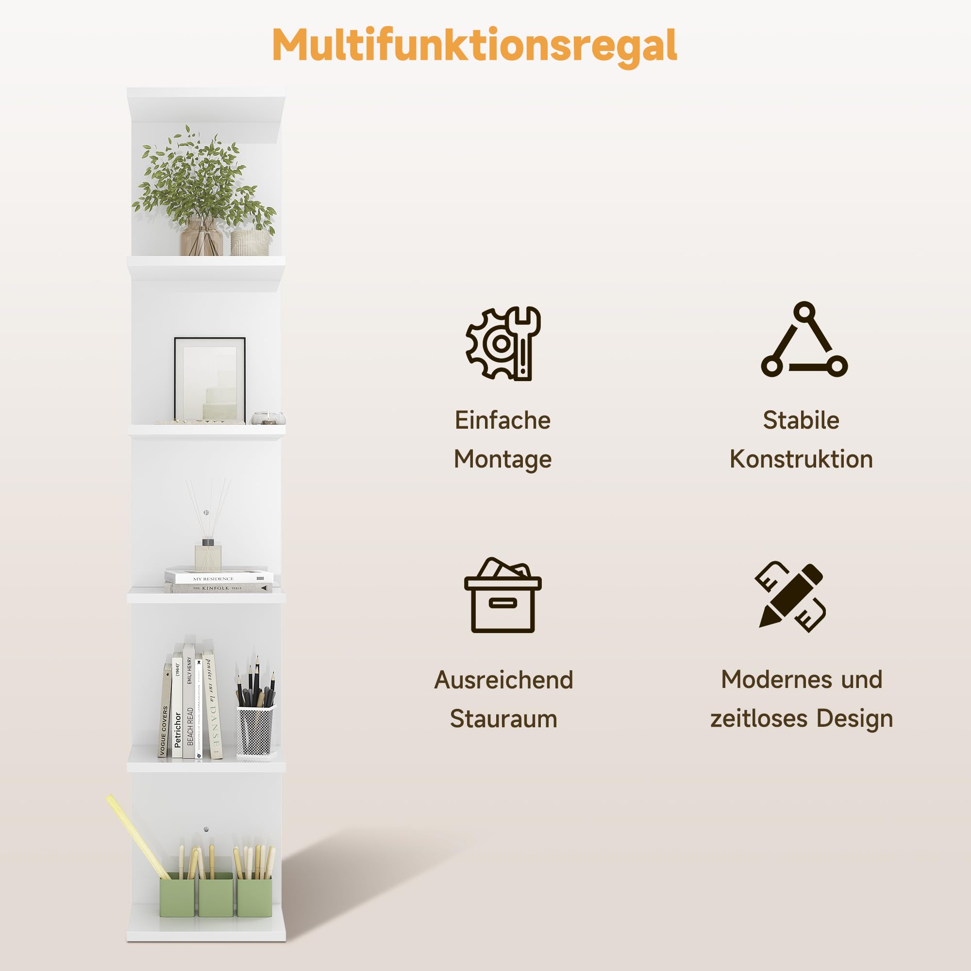 SONNI Wandregal, Regal, Standregal, 6-Fach Bücherregal, Weiß, 30x24.8x160cm
