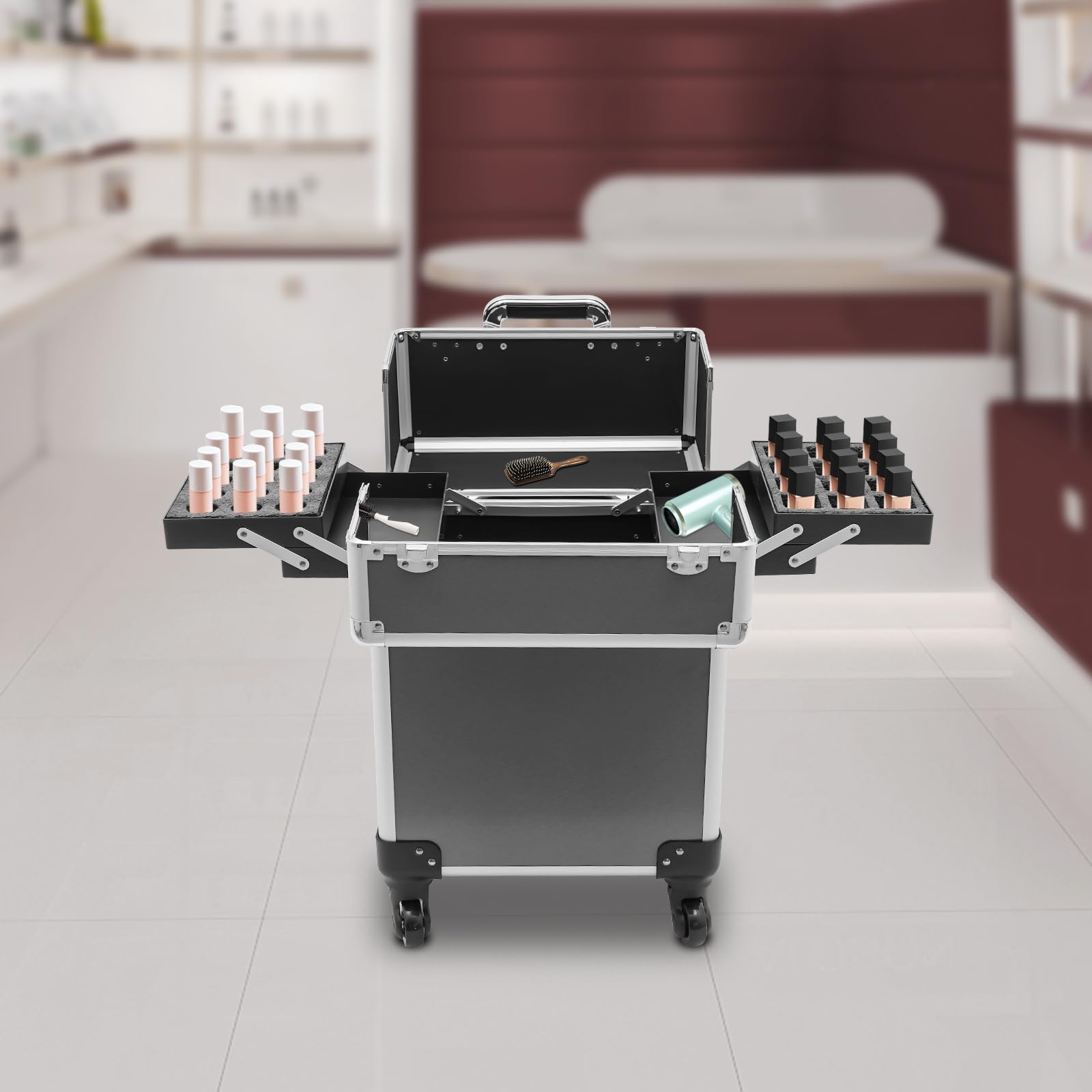 Valigetta per cosmetici, trolley per trucchi, grande valigetta da parrucchiere, per viaggi, con chiusura a chiave, con ruote girevoli a 360°, carico massimo 50 kg (nero), Nero ,