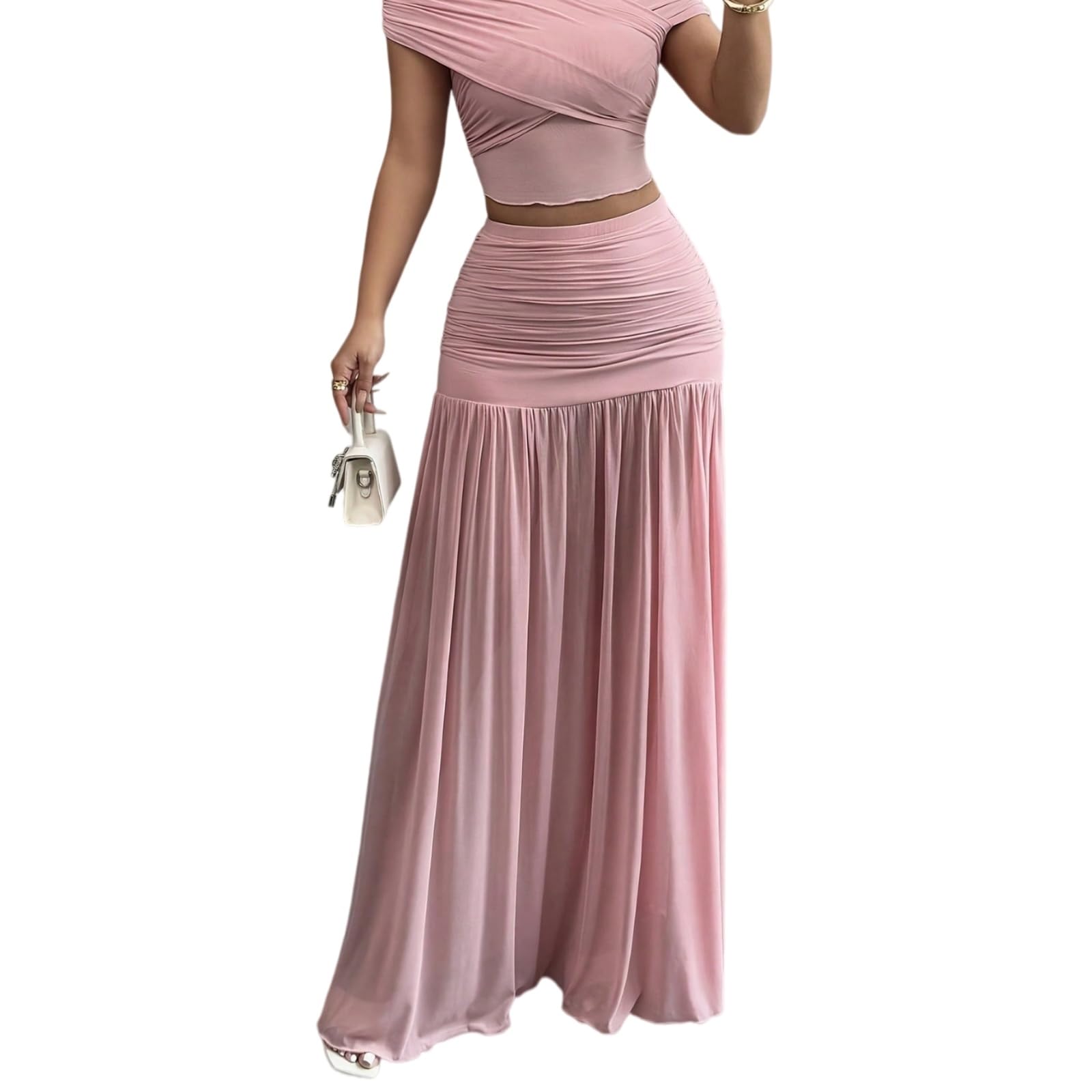 Minifalda Falda Plisada Midi Elegante De Las Mujeres Cintura Alta Slim Fit Larga Flujo A-línea Casual Verano Moda Chic Traje-Pink-XXL