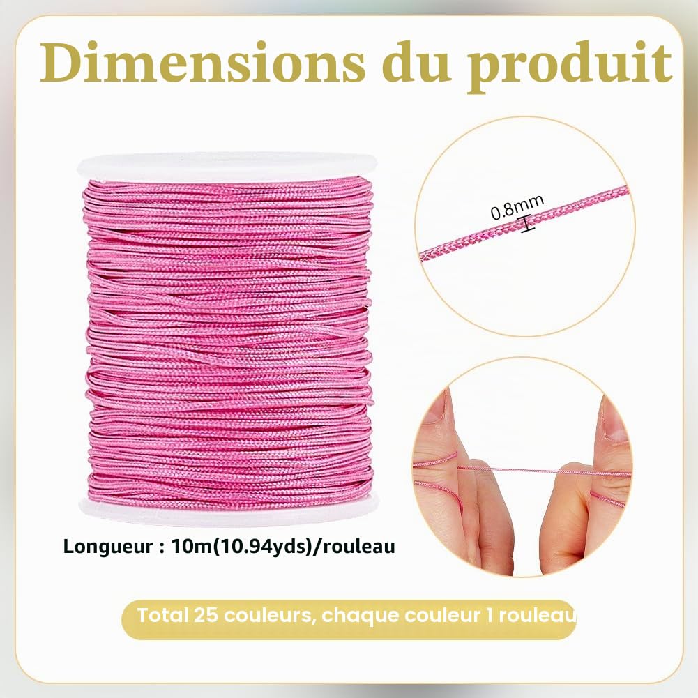 PH PandaHall 25 Couleurs Fil de Nylon Cordon Bracelet, Nylon Corde Macramé 0.8mmx10m Fil Nylons Bracelet Corde en Tressée pour Bijoux Bracelets Collier Nœuds Chinois, Kumihimo, Macramé
