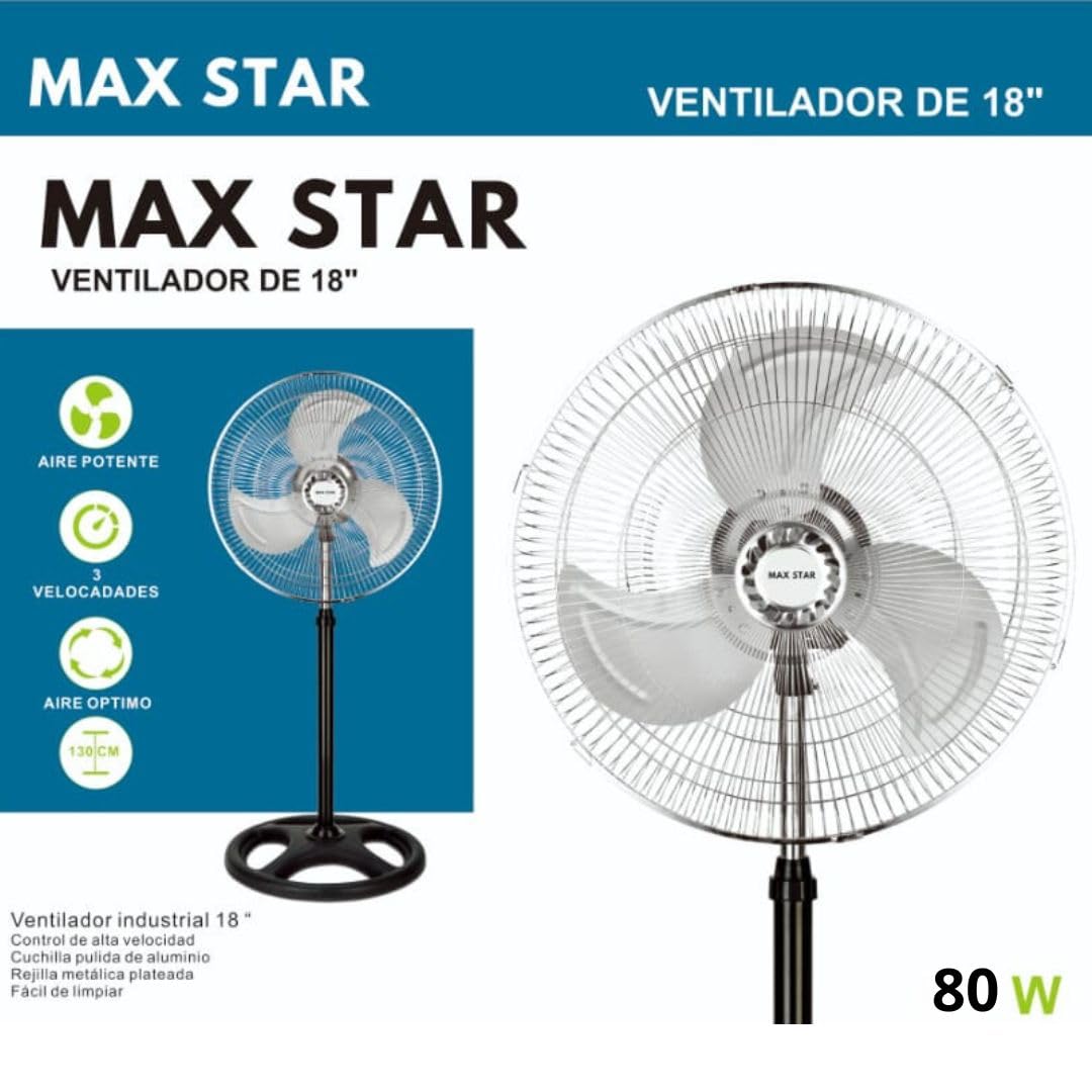 Max Star Ventilador de Pie 18" Potente 70 W Oscilante 3 Velocidades Altura Ajustable 110-130 cm Alta Velocidad Rejilla de Metal Motor Silencio Facil Limpieza