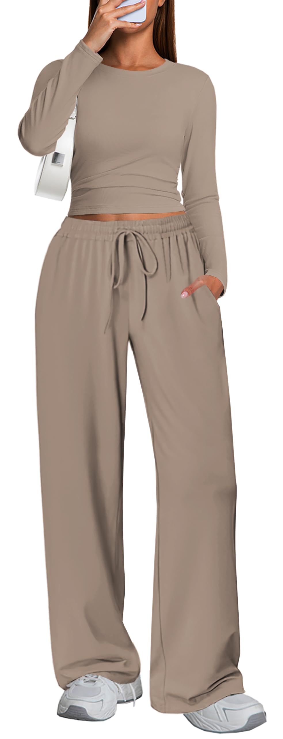 Kivdol Women's 2 Piece sets of matching lounge suits for ladies: long-sleeved top, wide-leg pants and casual sportswear