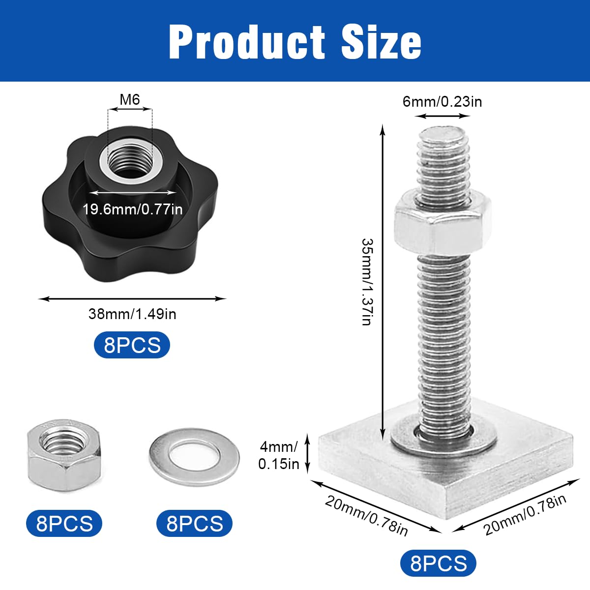 8 Pezzi Viti T-Nut M6 x 35mm, Adattatore T-Nut con Dadi A Stella M6 e Rondelle, per Portapacchi, Portabiciclette e Barre da Tetto