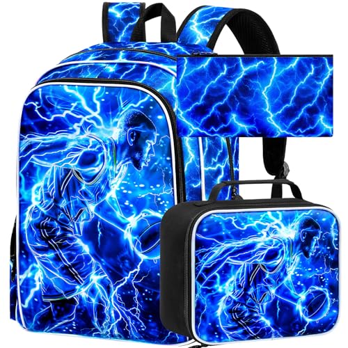 Image of 3Pcs Basketball Backpack for School, Kids Boys Lightning Bookbag with Lunch Box, 17 inch Backpacks for Elementary Preschool Kindergarten (Blue)