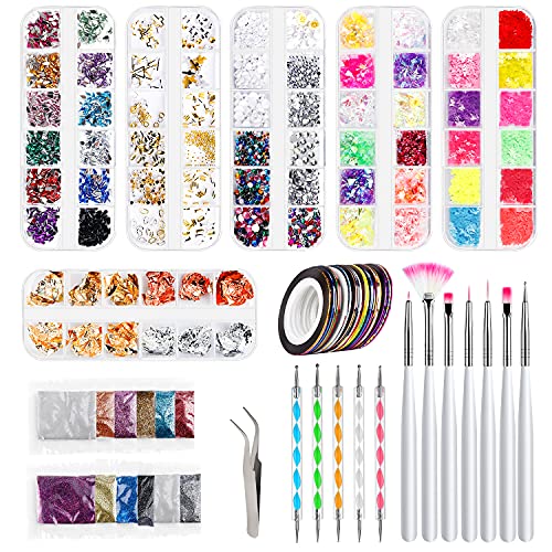 Nail Art Brush and Accessories, Nail Art Tools Decoration Kit With Nail Art Brush Nail Art Dotting Pen Nail Rhinestones Striping Tape Butterfly Sequin Hollow Alloy Nail Sequins Foil Paillette Chip