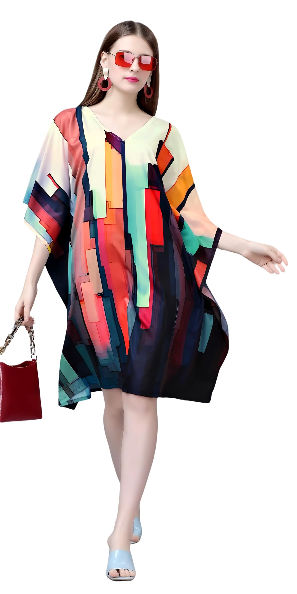 Silk Sutra Women's Ethnic Wear Multicolor Knee-Length Nightgown by Silk Sutra – V-Neck, Polyester Blend, Free Size (STC-KURTI-KAFTAN-167)