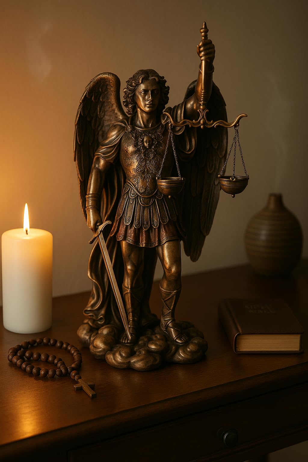 Figura Decorativa Religiosa, Arcangel San Miguel con Espada y Balanza, Resina Efecto Bronce Antiguo, Escultura Angeles Guardianes, 28 cm