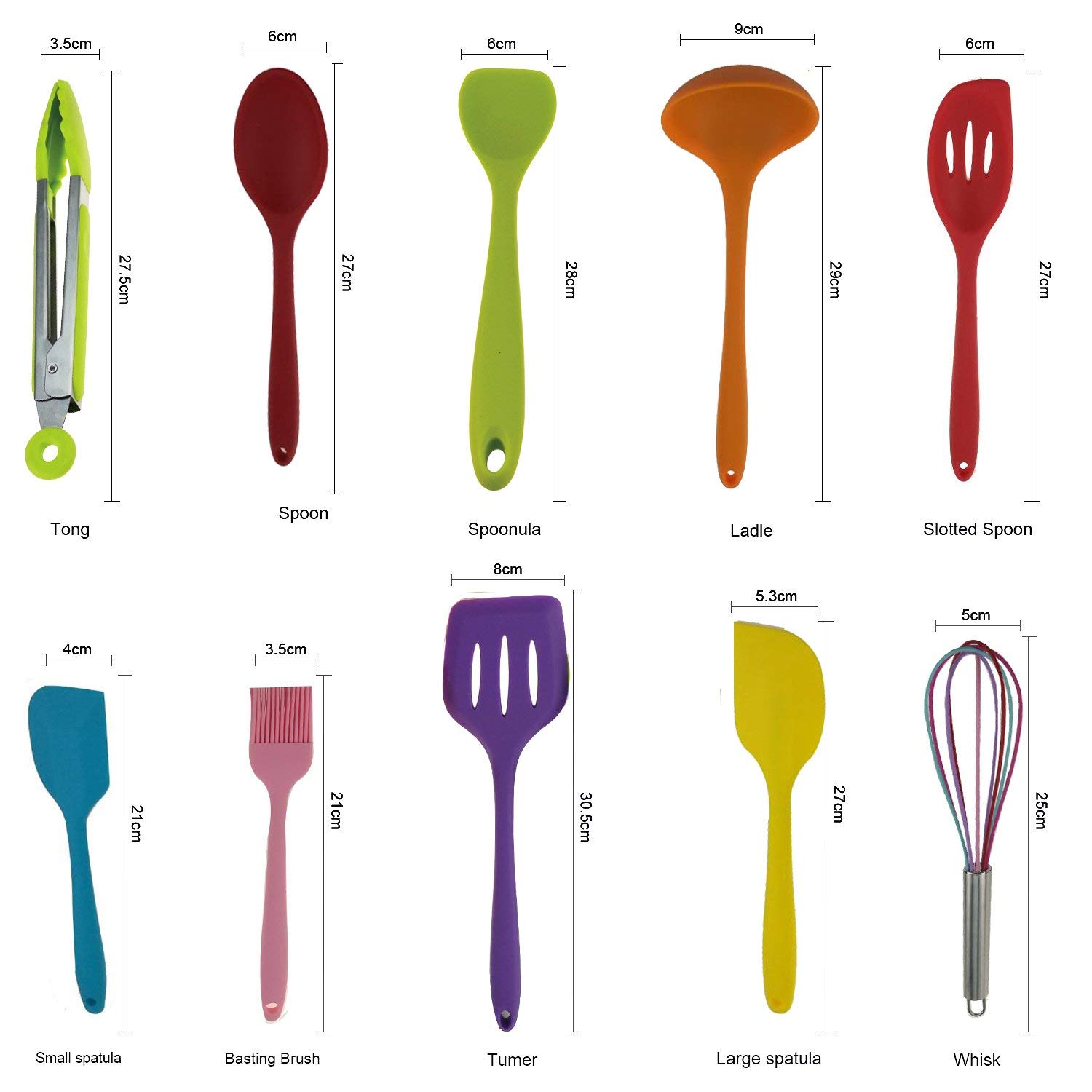 Juego de 10 utensilios coloridos de silicona, resistentes al calor, antiadherentes, de seguridad, de silicona, para cocina, para hornear