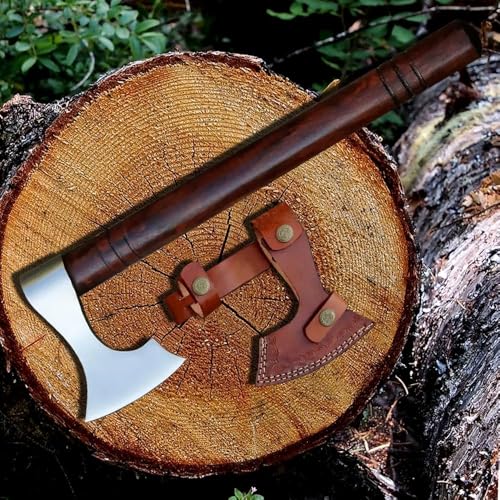 14 Inches Hand Forged Hatchet Axe - Real Wood Handle for Bushcraft, Camping, Forest Hunting, Chopping - Custom Handmade Gardening Axe With Leather Sheath