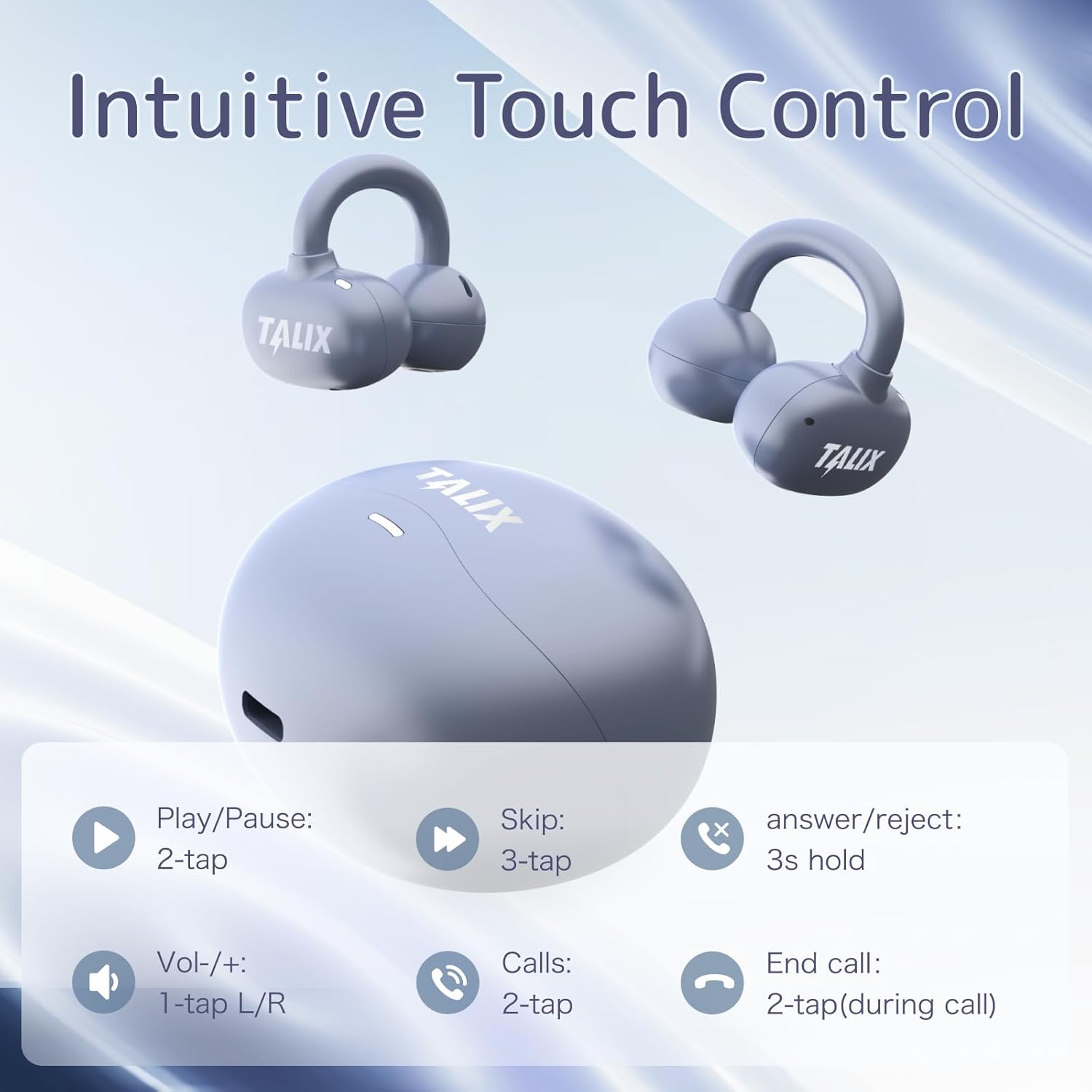 HHOGene TALIX X6 Clip-On Earbuds, Wireless Open Ear Earbuds Headphones, 4.8g Ultra-Light, Smart Touch Control, 40H Playtime, Immersive Sound，Secure Fit for Workouts and Daily Use (Blue)