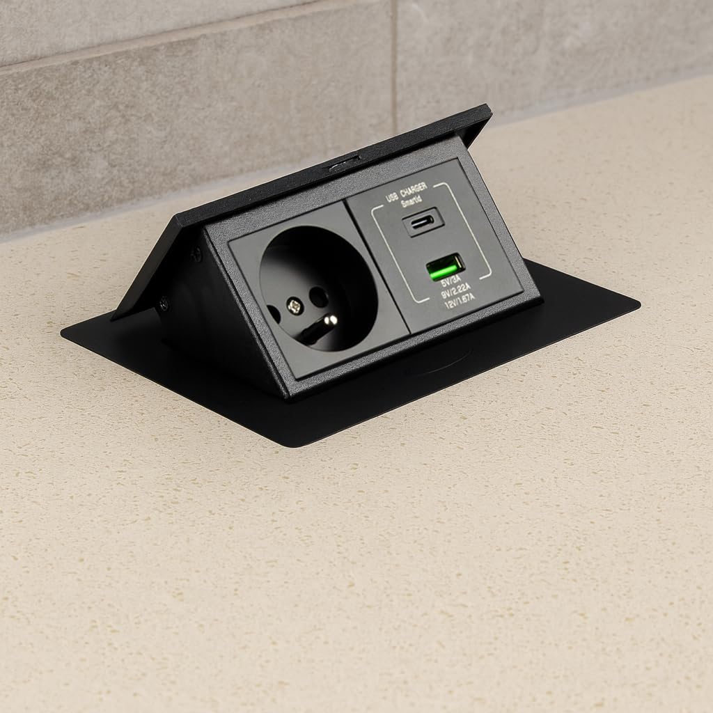 Einbausteckdose Schwarz Matt mit USB C & A – Versenkbare Tischsteckdose für Küche & Büro – 1-Fach Schuko Steckdosenleiste mit 1,8m Kabel & Stecker – Flaches Design, Aluminium – MB MINI II