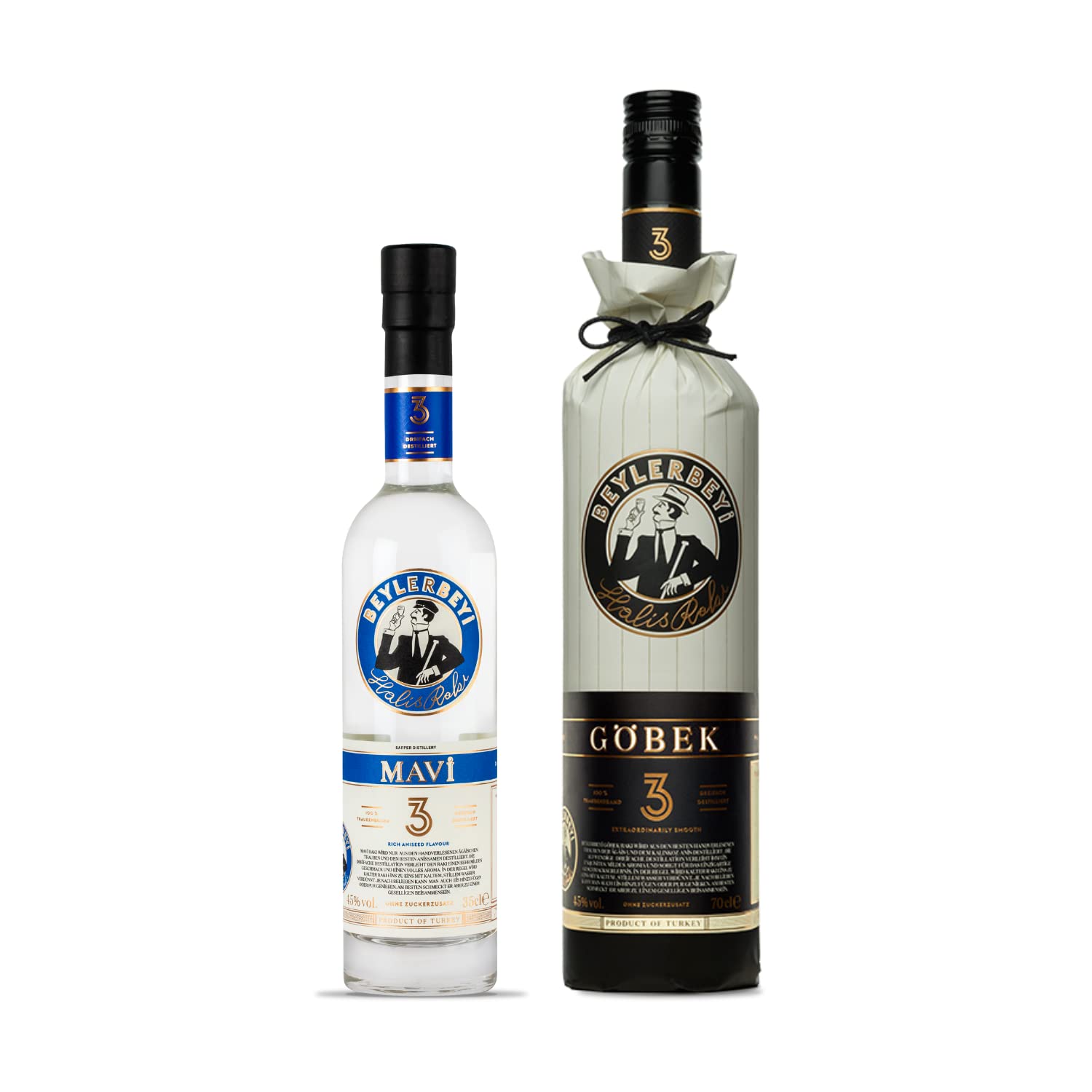 Beylerbeyi - Set Raki Göbek 70cl + Mavi 35cl | Brandy Turco Aromatizado con Anís - 100% Uvas Frescas - Sin Azúcares Añadidos | Triple Destilación - 45%