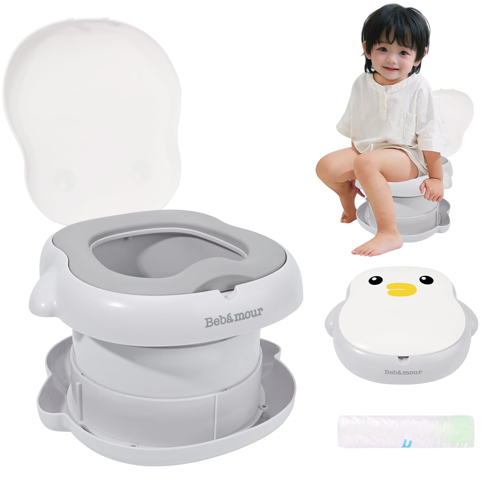Bebamour Baby Potty Training Toilet Seat Portable Potty for Toddlers Travel Potty for Boys and Girls with Potty Liners, Penguins