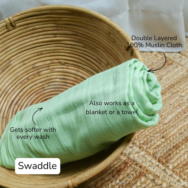 Image of Baby Gift Set - Bageecha | Newborn Gift Set with Muslin Swaddle, Wooden Rattle, Rolling Toy & Neem Wood Teether | 3 Months+ | Handmade in India | Non Toxic Baby Gift