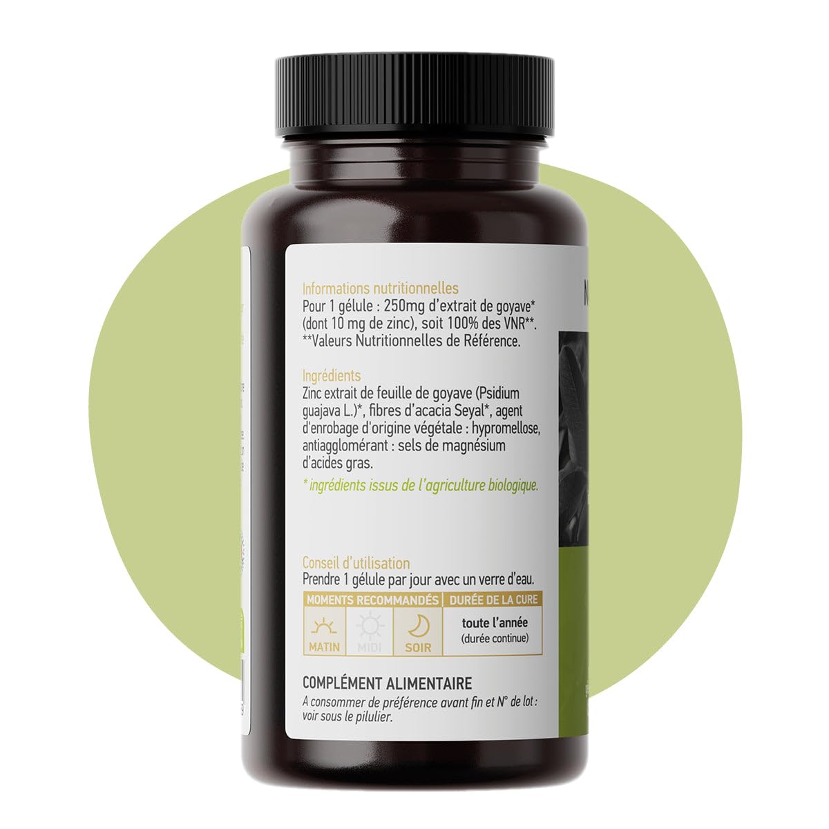 Zinc de Goyave - Naturel et à Haute Assimilation - Stress Oxydatif, Système Immunitaire - Issu des Feuilles de Goyave, Couvre 100% des VNR - Boite de 90 Gélules