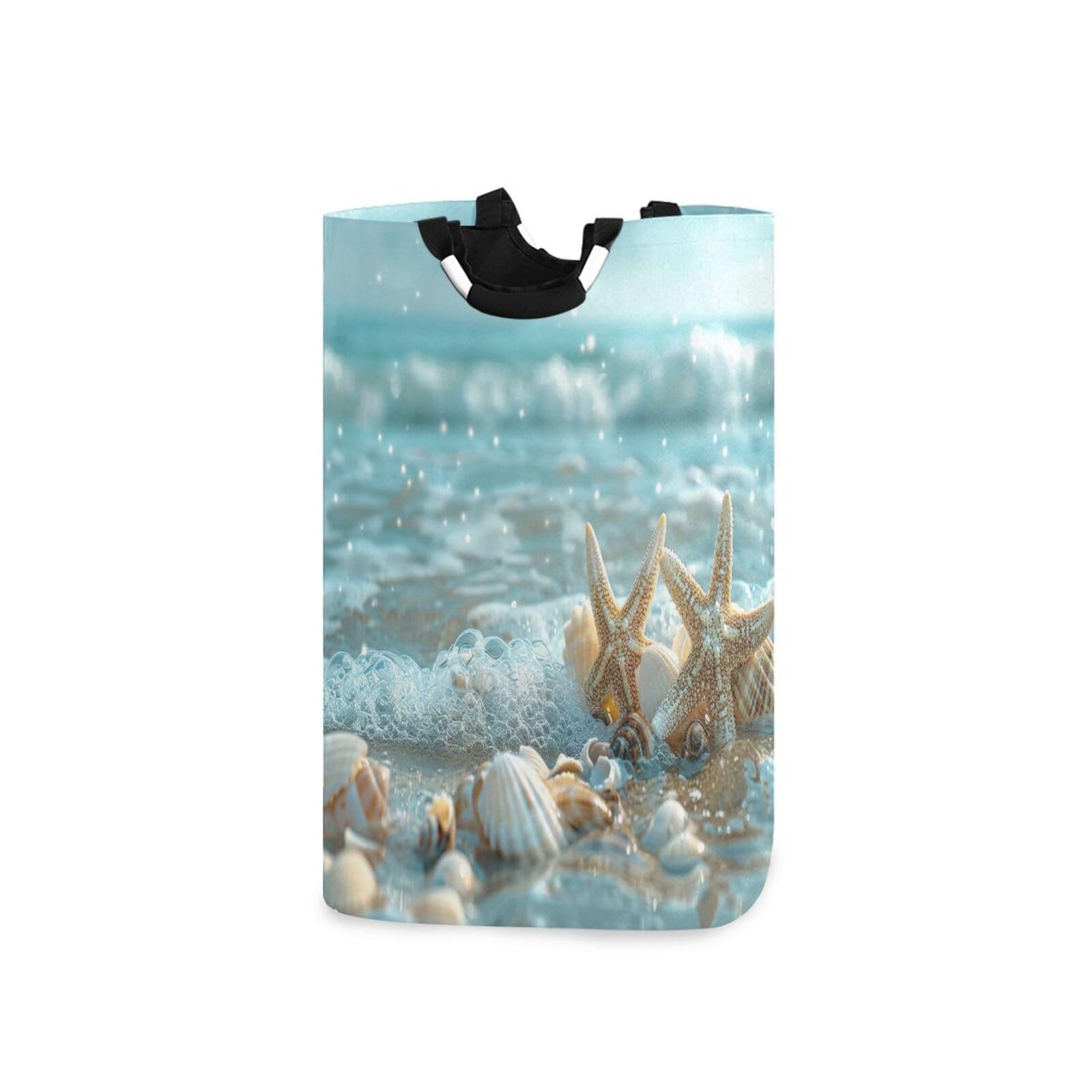 Jihqo Laundry Hamper Basket Beach Seashells Collapsible Nursery Storage Bin Waterproof Clothing Baskets for Home Bedroom Bathroom Washing Room