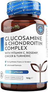 Glucosamine and Chondroitin Complex – 180 High Strength Capsules – Contributes to The Maintenance of Normal Immune System – with Vitamin C, Turmeric, Ginger and Rosehip – Made in The UK by Nutravita
