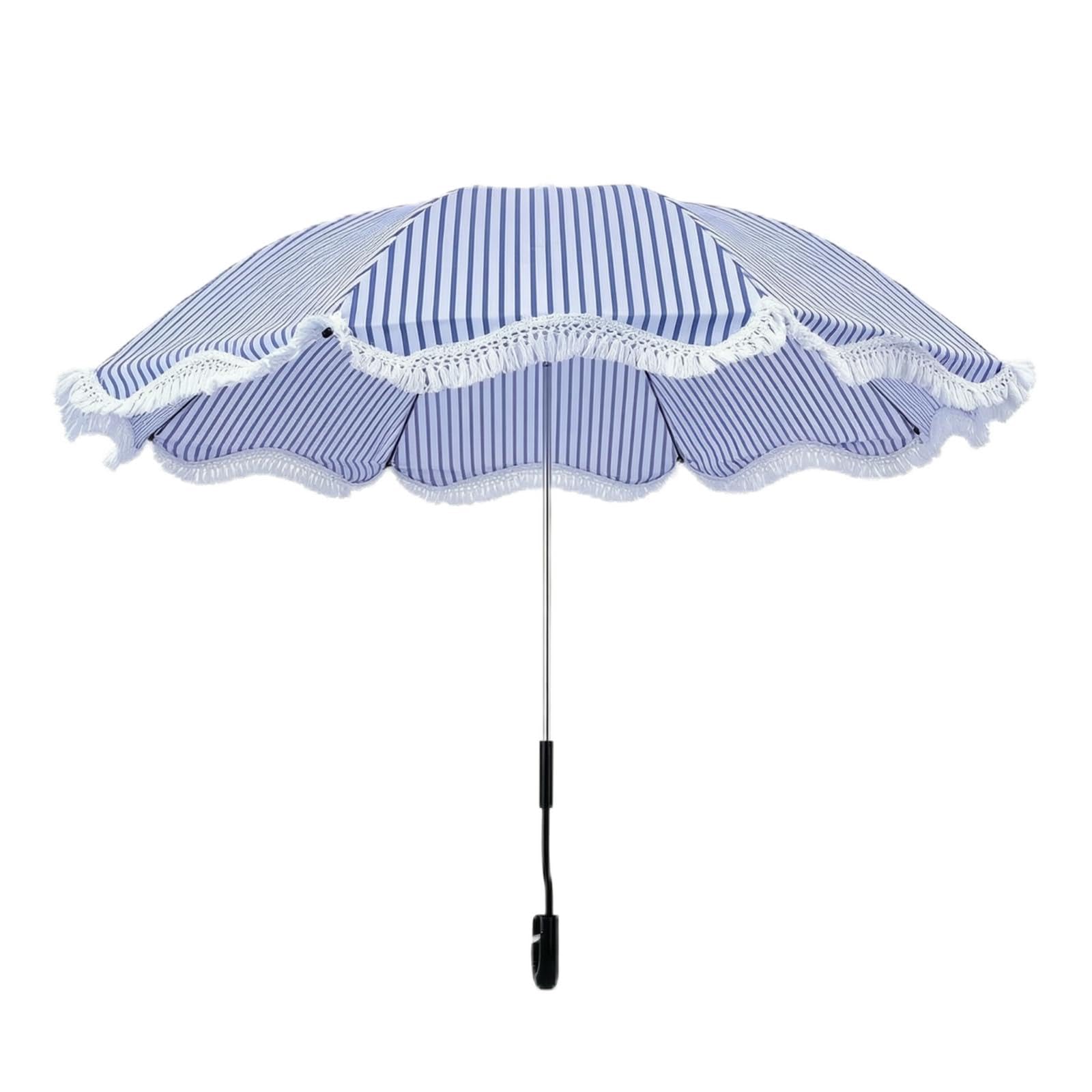 Colcolo Strand Sonnenschirm Klemmschirm Ampelschirm Schattenspender Schirm mit Fransen Tragbar Stabil mit Schraubhalter für Gartenstuhl Patio Balkon See Strand Geeignet, Blau-Weiß Gestreift