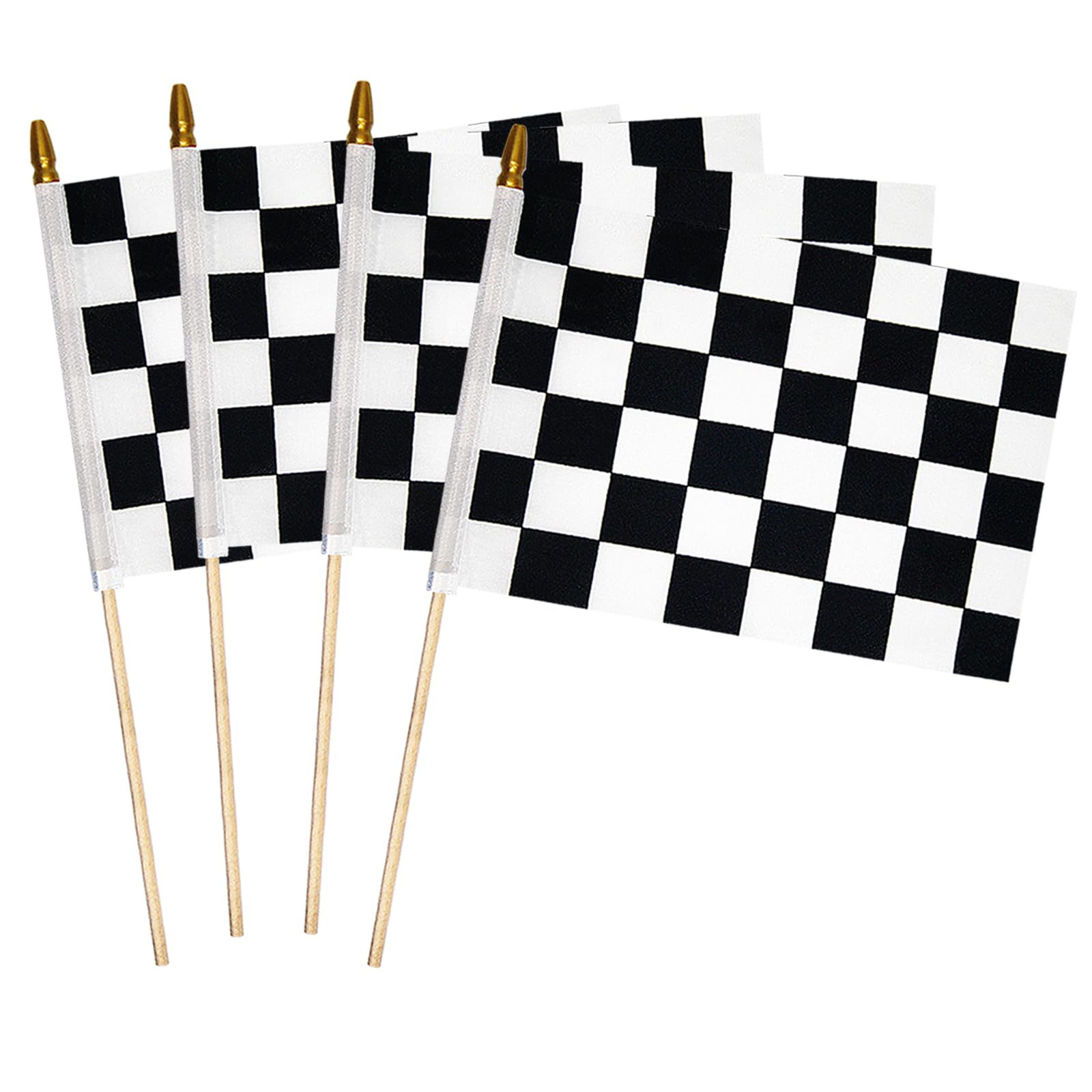4 Pcs 8×12 inch Checkered Flag, Black and White Racing Flag on Wood Stick - Hand Held Stick with Kid-Safe Spear Top, Children's Party Decoration