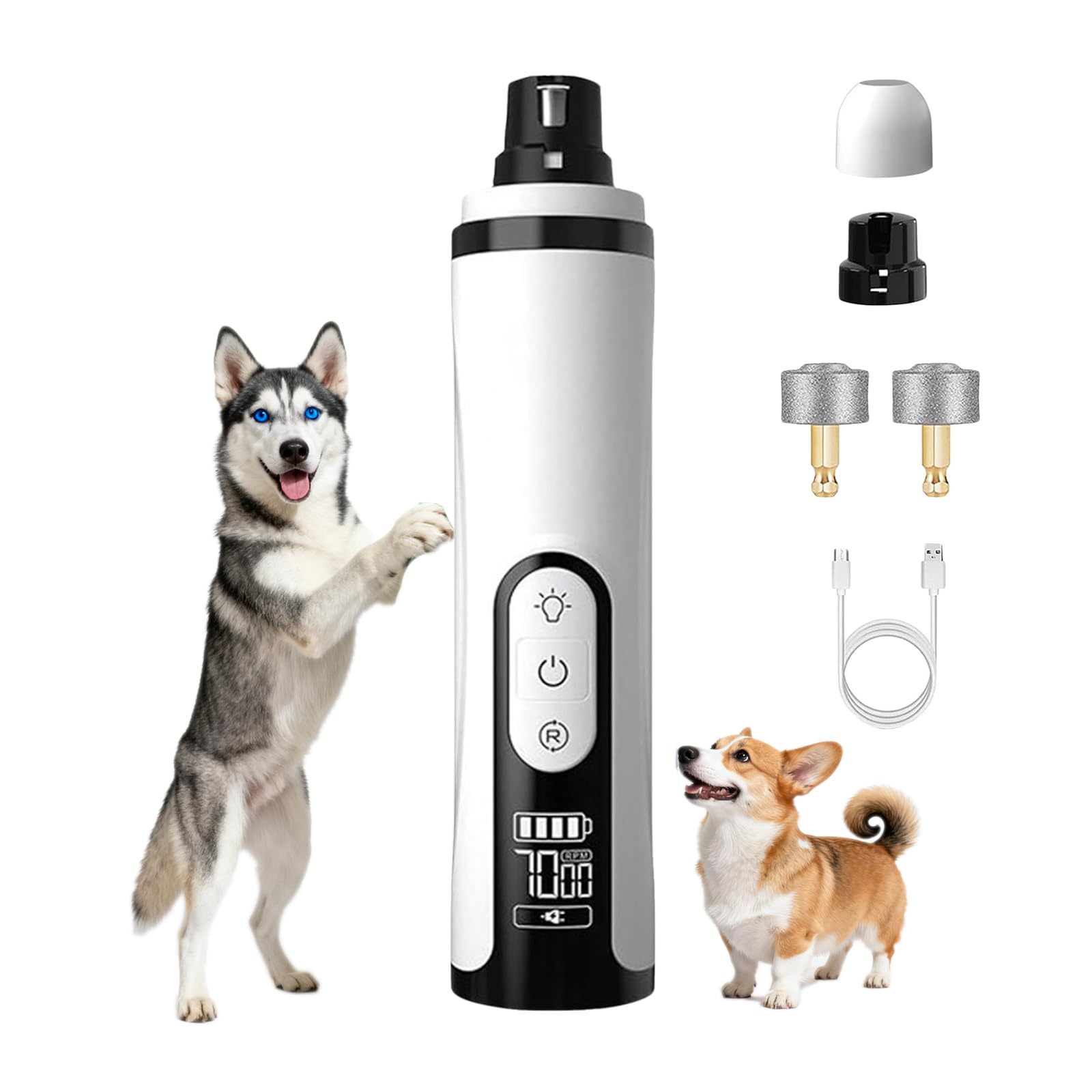 Silent Pet Nail Grinder Pro, 2025 New Dog and Cat Nail Trimmer with LED Light and 3 Speed Settings, Suitable for Thick and Long Nails(1+2*Replacement Head)