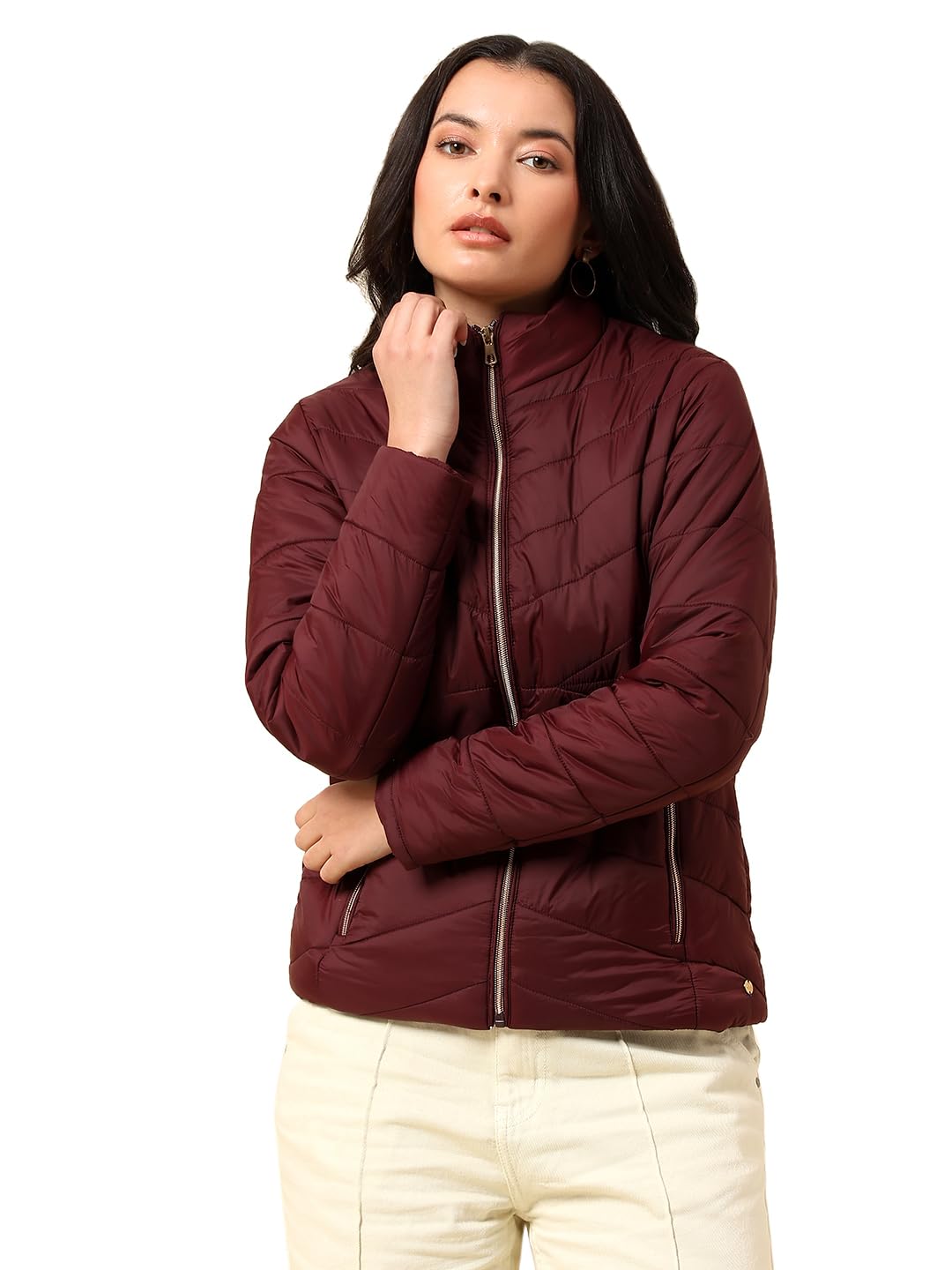 cantabil Jacket for Women | Premium Casual Jacket Regular Fit Mock Neck Nylon Fabric Solid Pattern-picture-26