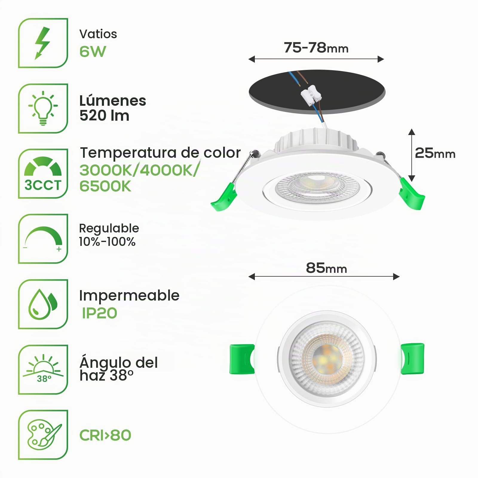 CLAR - Focos LED Interior Techo, Módulo LED Ultra Plano Regulable 6W, Seleccionador de tonalidad, Ajustable 38º, Bkanco(Pack 10)