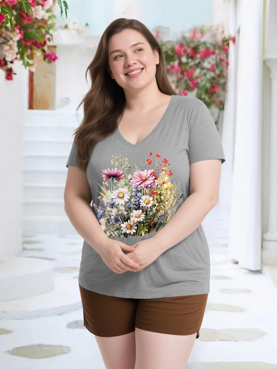 Plus Size Tops for Women Vintage Wildflower V Neck T Shirt Boho Cute Floral Graphic Tees Short Sleeve Summer Tops - Image 4