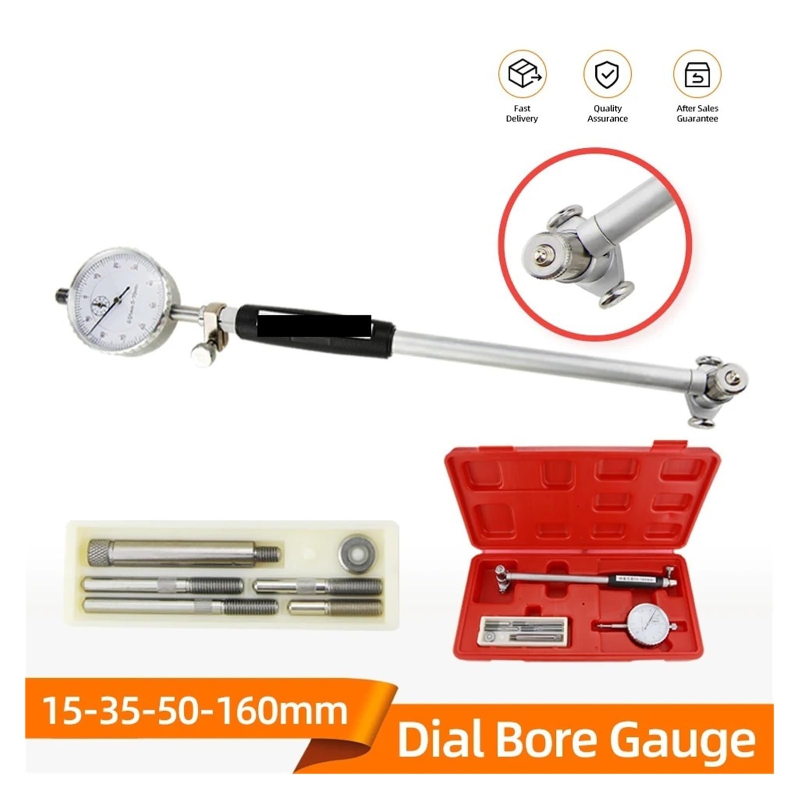 Dial Bore Gauge Inner Diameter Measuring Rod Micrometer Tool Hole Indicator Set 15-35-50-160mm(18-35mm Black Dial)