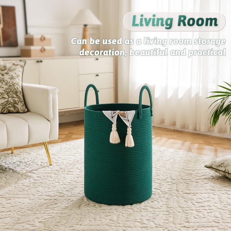 Image of Jute Cotton Rope Laundry Basket with Handles, Large Tall Clothes Hamper for Bedroom, Baby Nursery, Bathroom, Laundry Room & Home Storage Organizer (15x18 Inch, Green)