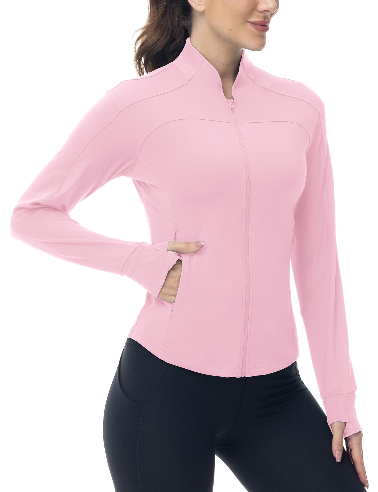 BGOWATU Women's Workout Jacket Lightweight Zip up Running Athletic Jackets with Thumb Holes — view 2