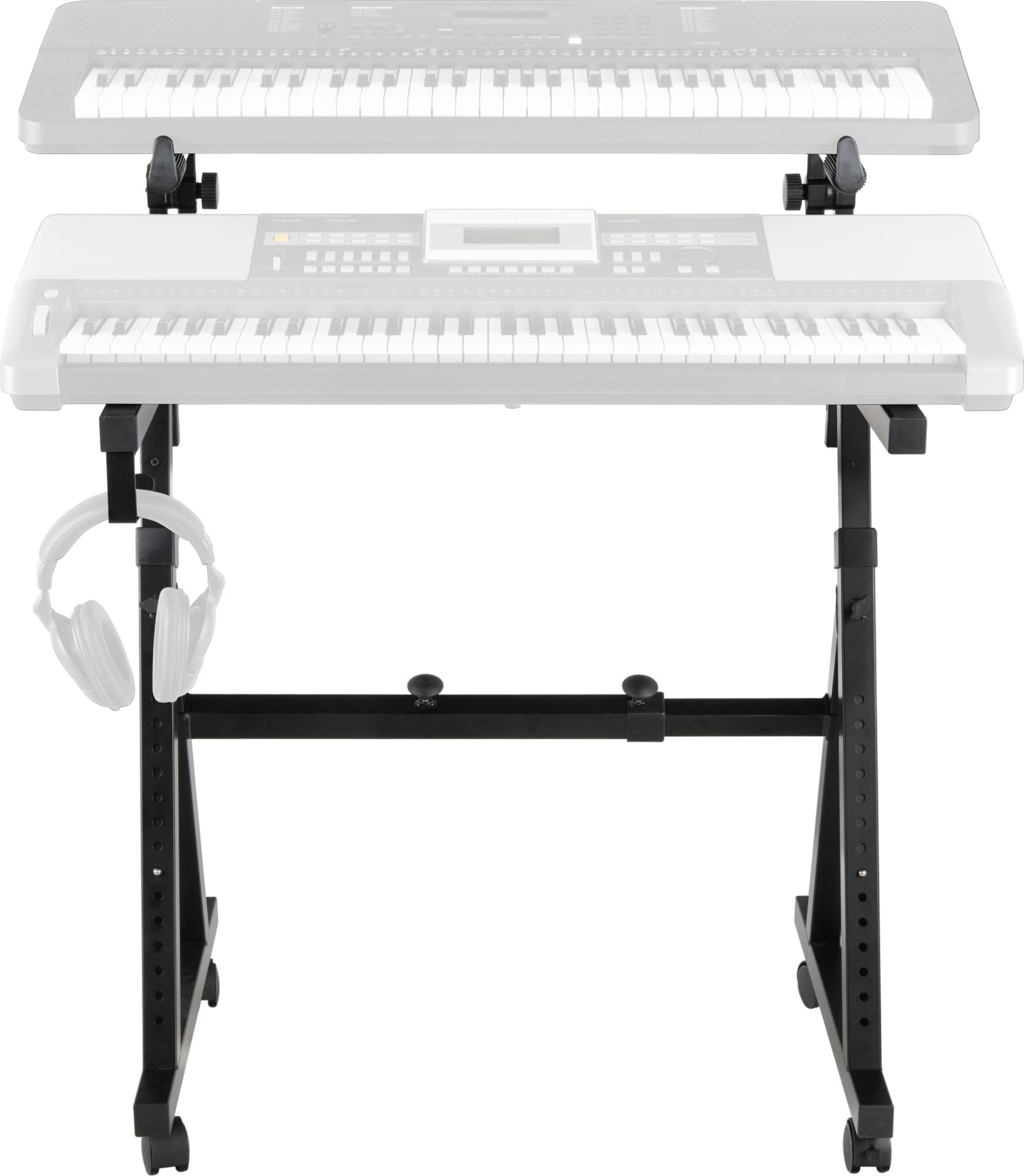 Classic Cantabile KSD-400Pro MK II Supporto Tastiera Pro Set - Supporto Tastiera Regolabile a 2 Livelli - 4 Ruote e Porta Cuffie - Portata Fino a 100 kg - Larghezza e Altezza Regolabili - Nero