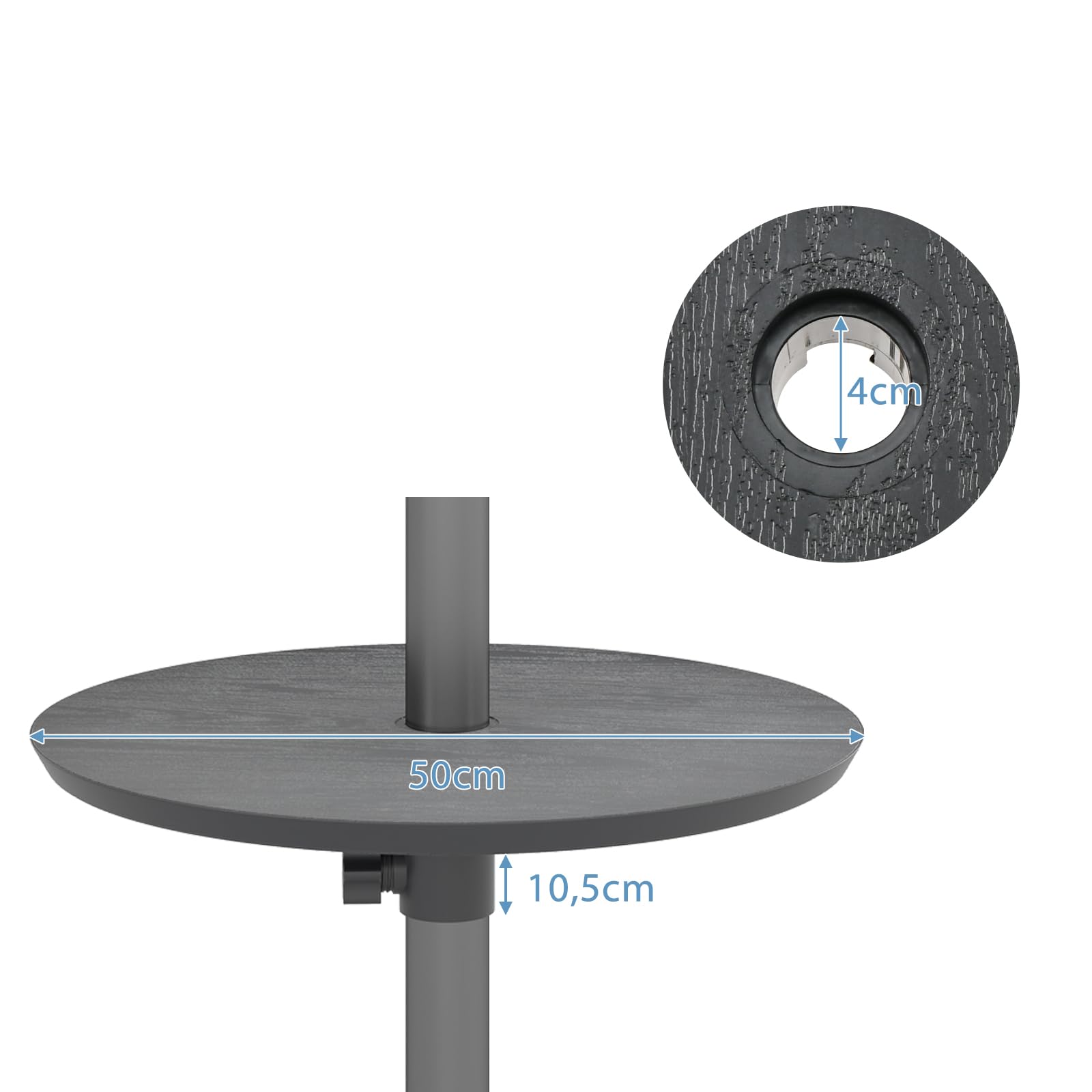 RELAX4LIFE Table de Parasol de Jardin Ronde Φ 50CM Hauteur Réglable Trou de Parasol 38 mm Plateau PE Imitation Grain de Bois Noir