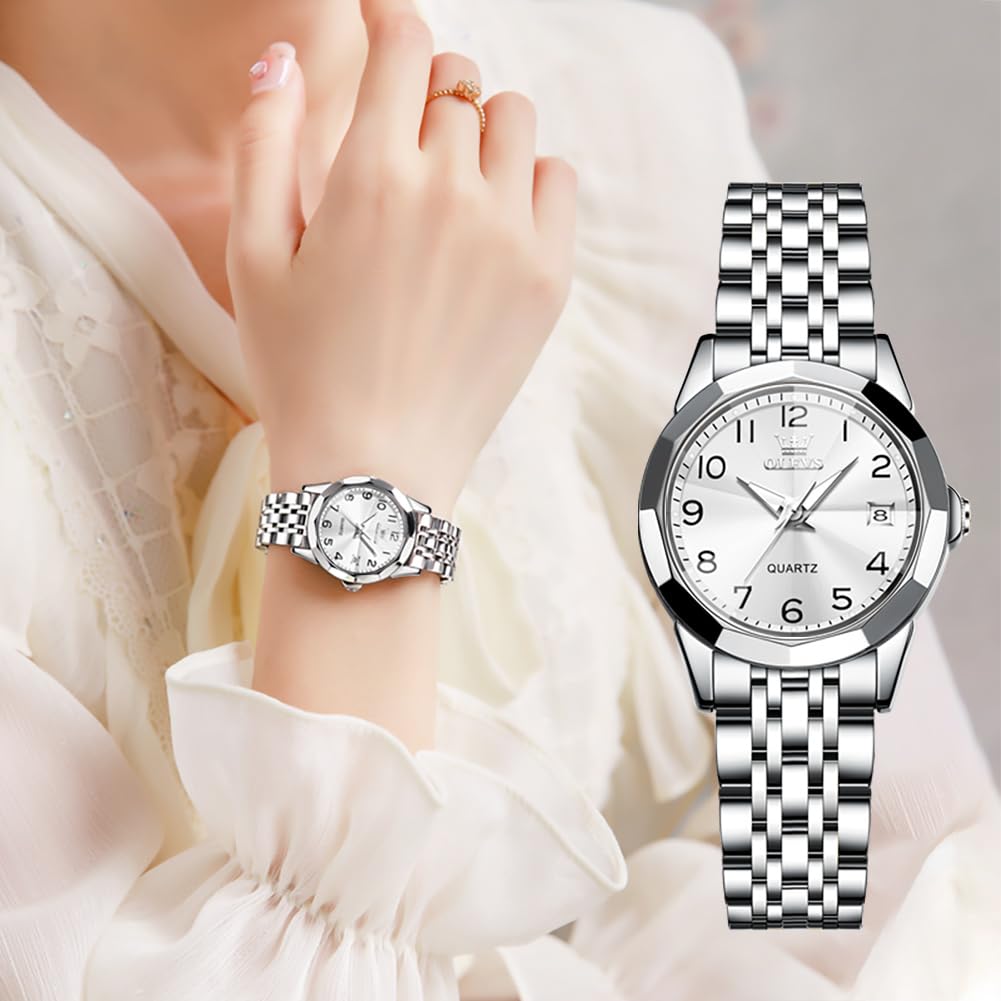 OLEVS Orologio analogico da donna, classico, in acciaio inox, impermeabile, luminoso, con data, due tonalità, facile da leggere