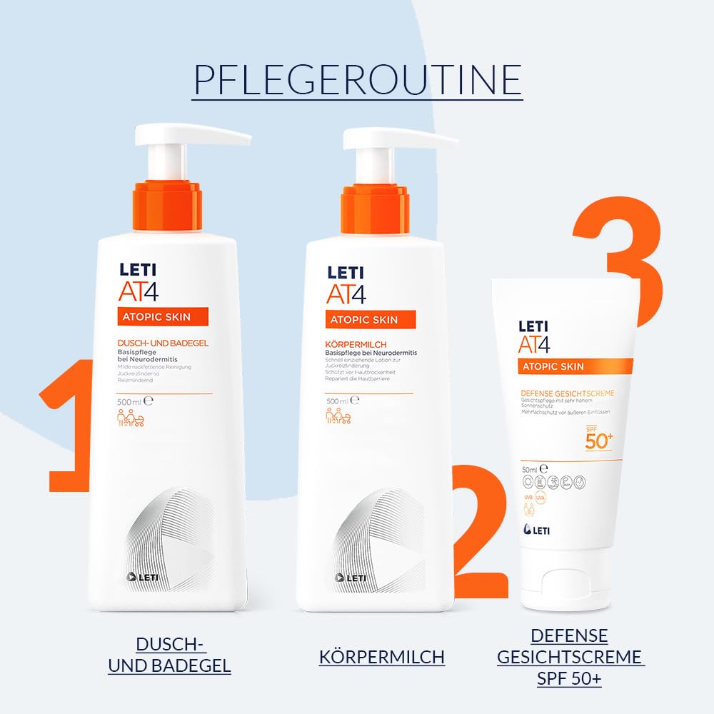 LETI AT4 Defense Gesichtscreme SPF 50+ - Wasserabweisende, hautschützende Gesichtspflege mit hohem Sonnenschutz (SPF 50+) bei trockener oder zu Neurodermitis neigender Haut, 50 ml Crème