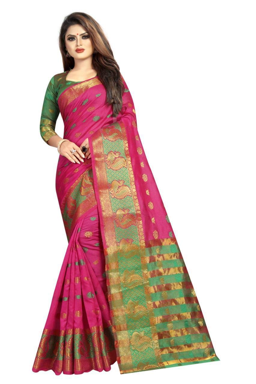Vanshi Creation Women's Cotton Silk Saree with Unstitched Blouse Piece (Pink)